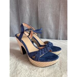 Navy Blue Braided Faux Suede Platform Espadrille Wedge Sandals Size 38 (US 7.5)